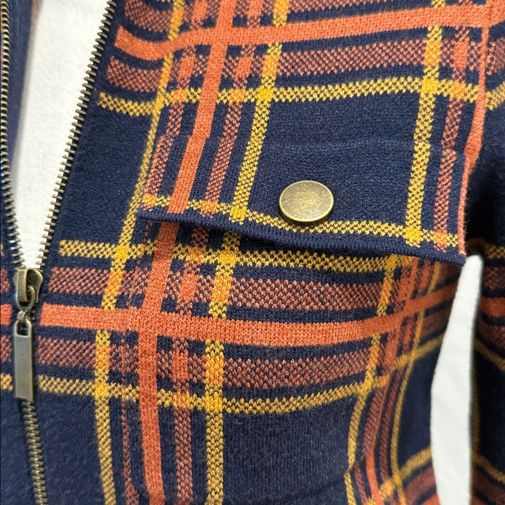 Rachel Zoe Plaid Zip Front Sweater Jacket Shacket Navy Blue Orange NWOT XS - Picture 6 of 16